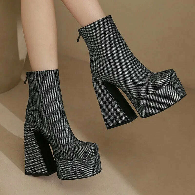 2024 Women Ankle Boots Platform Thick High Heel Ladies Short Boots Microfiber High Quality Zipper Dress Women's Shoes Plus Size - KIMLUD