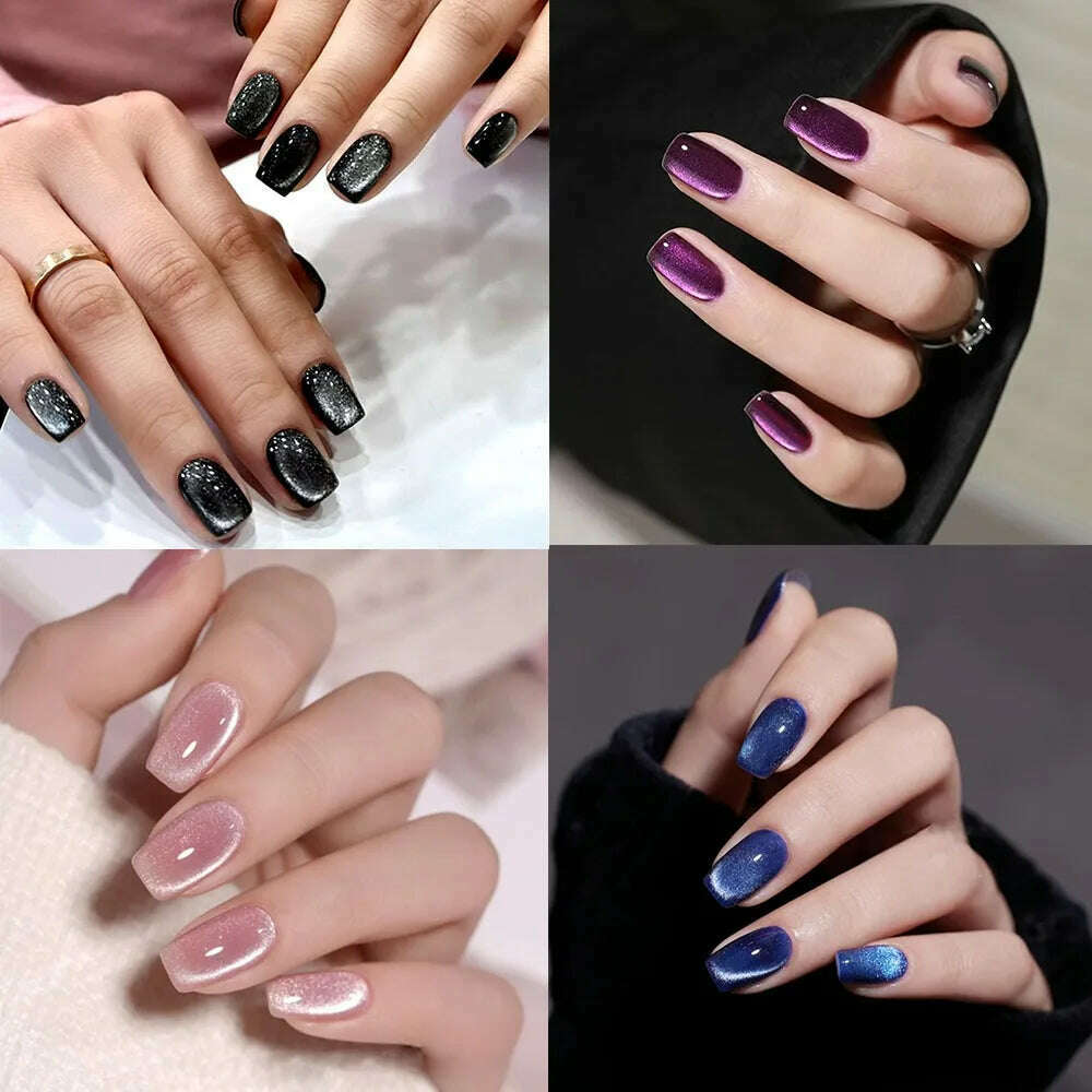 24pcs Cat's Eye Fake Nails Valentine's Day Square Head French Ballet Nail Press on Nails Waterproof Faux Fingernails - KIMLUD