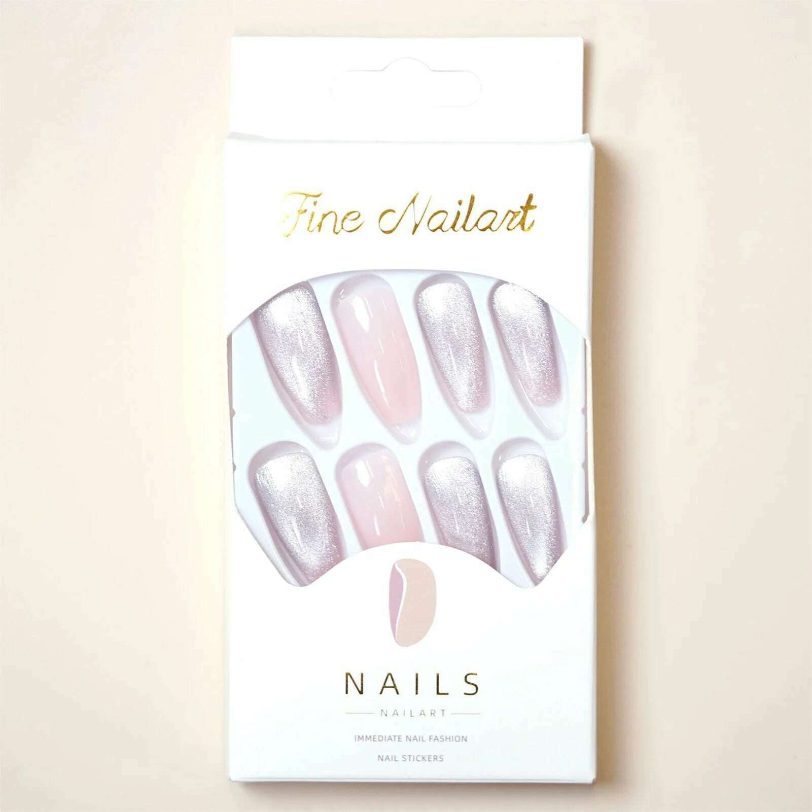 24pcs Pink Cat-Eyes Fake Nails Shiny Glitter Sweet Long Coffin False Nail Patch Lady Women Wearable Detchable Artificial Nails - KIMLUD