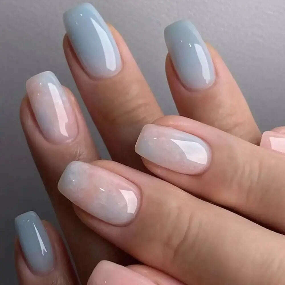 24pcs Short Round False Nails French Blue Sparkling Pearl White Wavy Love Heart Full Cover Detachable Press On Nail Tips - KIMLUD