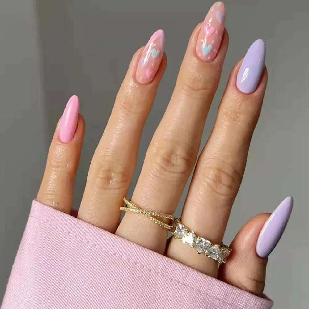 24pcs/Box Ballerina Nail Tip Purple with Design Manicure Patches Fresh Floral Almond False Nails Press on Med Nails Detachable - KIMLUD