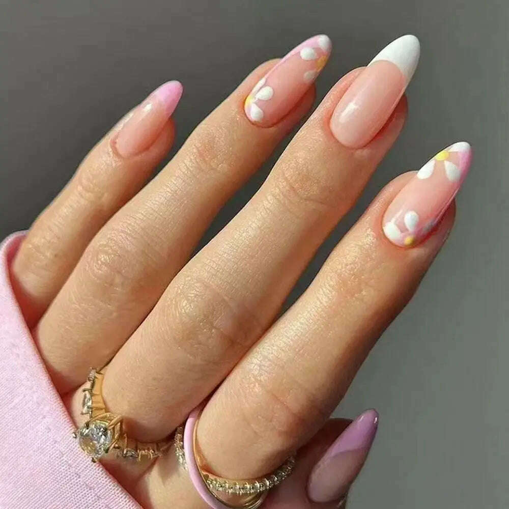 24pcs/Box Ballerina Nail Tip Purple with Design Manicure Patches Fresh Floral Almond False Nails Press on Med Nails Detachable - KIMLUD