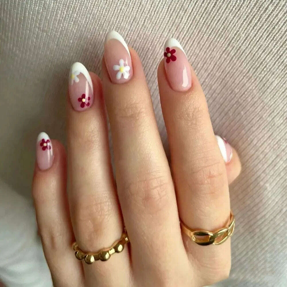 24pcs/Box Ballerina Nail Tip Purple with Design Manicure Patches Fresh Floral Almond False Nails Press on Med Nails Detachable - KIMLUD