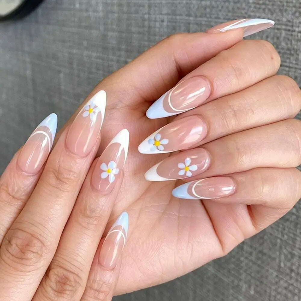 24pcs/Box Ballerina Nail Tip Purple with Design Manicure Patches Fresh Floral Almond False Nails Press on Med Nails Detachable - KIMLUD