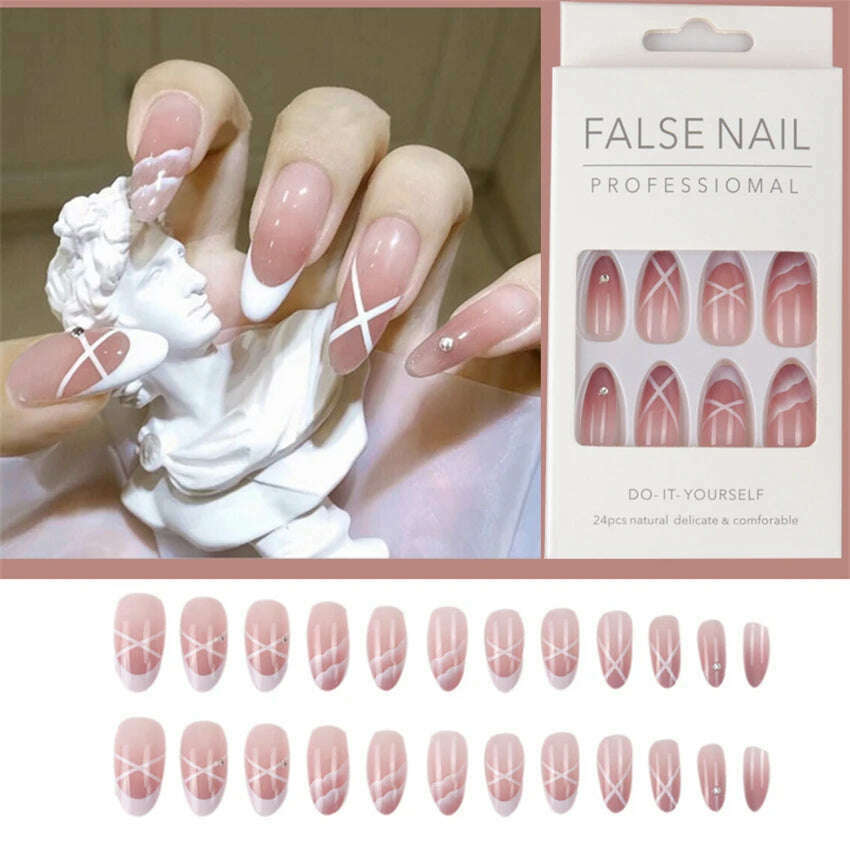 24pcs/Box Ballerina Nail Tip Purple with Design Manicure Patches Fresh Floral Almond False Nails Press on Med Nails Detachable - KIMLUD