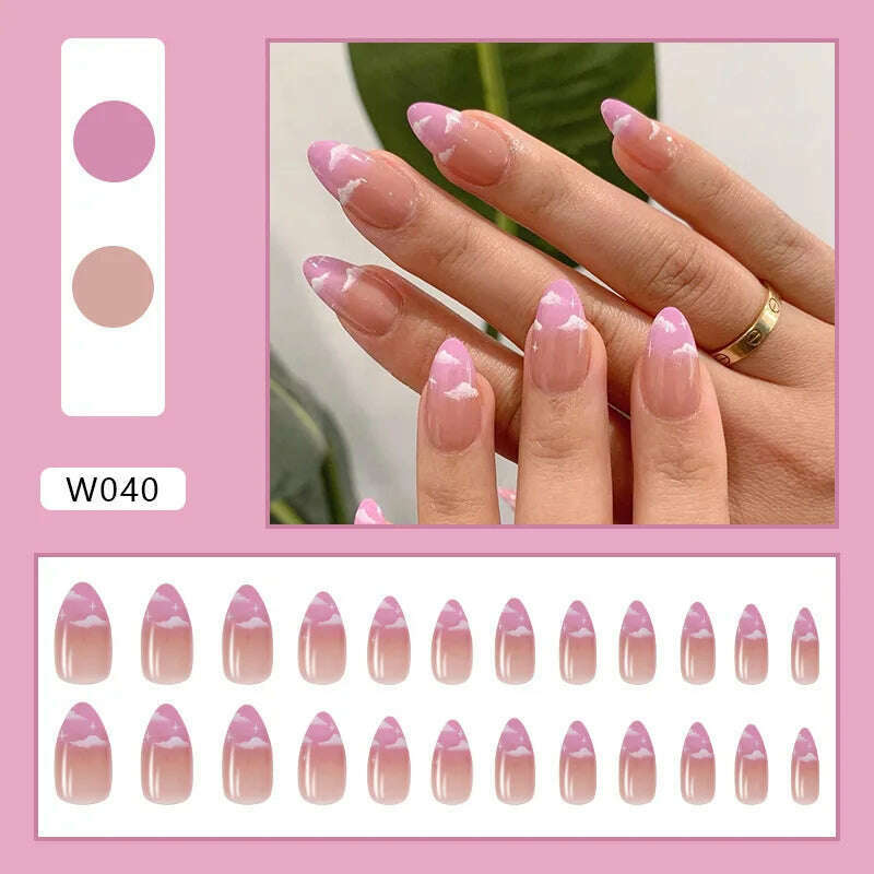 24pcs/Box Ballerina Nail Tip Purple with Design Manicure Patches Fresh Floral Almond False Nails Press on Med Nails Detachable - KIMLUD