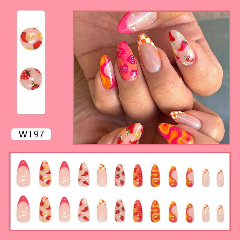 24pcs/Box Ballerina Nail Tip Purple with Design Manicure Patches Fresh Floral Almond False Nails Press on Med Nails Detachable - KIMLUD