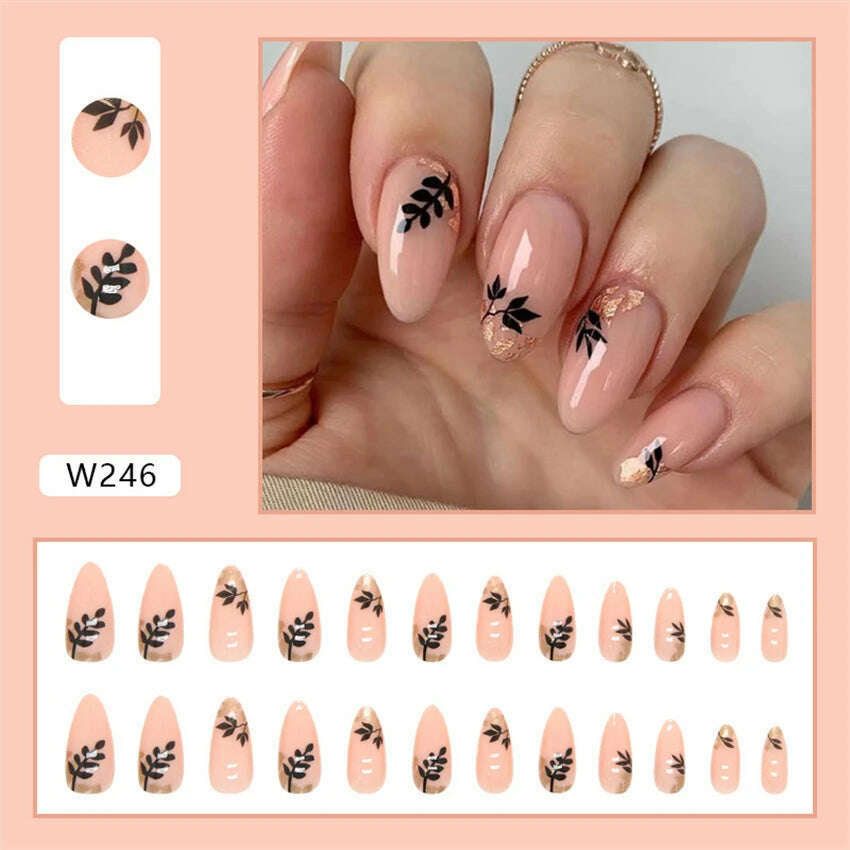 24pcs/Box Ballerina Nail Tip Purple with Design Manicure Patches Fresh Floral Almond False Nails Press on Med Nails Detachable - KIMLUD