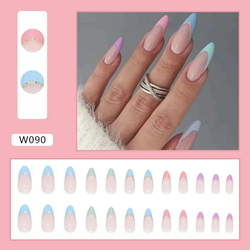 24pcs/Box Ballerina Nail Tip Purple with Design Manicure Patches Fresh Floral Almond False Nails Press on Med Nails Detachable - KIMLUD