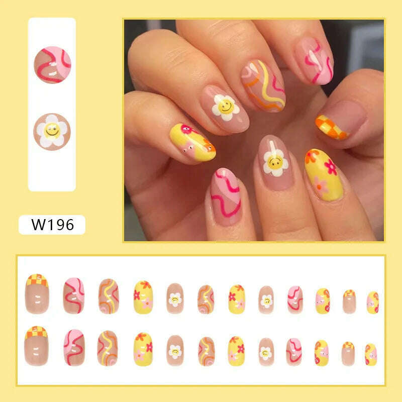 24pcs/Box Ballerina Nail Tip Purple with Design Manicure Patches Fresh Floral Almond False Nails Press on Med Nails Detachable - KIMLUD