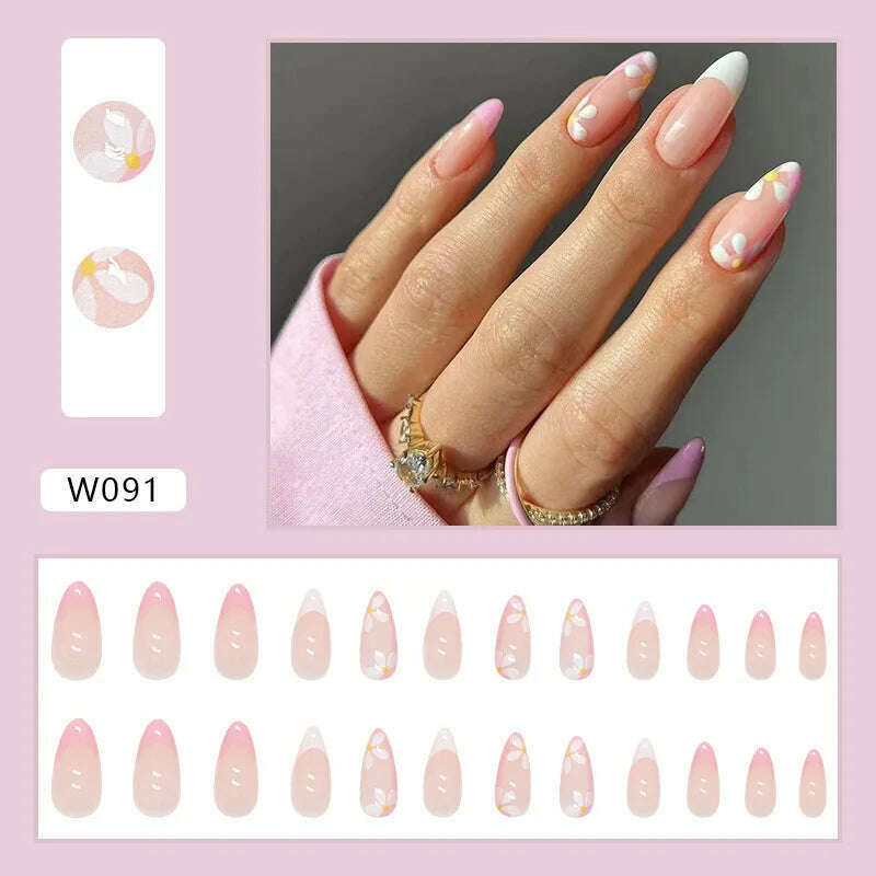 24pcs/Box Ballerina Nail Tip Purple with Design Manicure Patches Fresh Floral Almond False Nails Press on Med Nails Detachable - KIMLUD