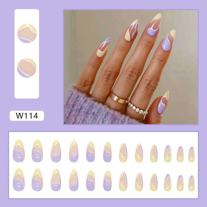 24pcs/Box Ballerina Nail Tip Purple with Design Manicure Patches Fresh Floral Almond False Nails Press on Med Nails Detachable - KIMLUD