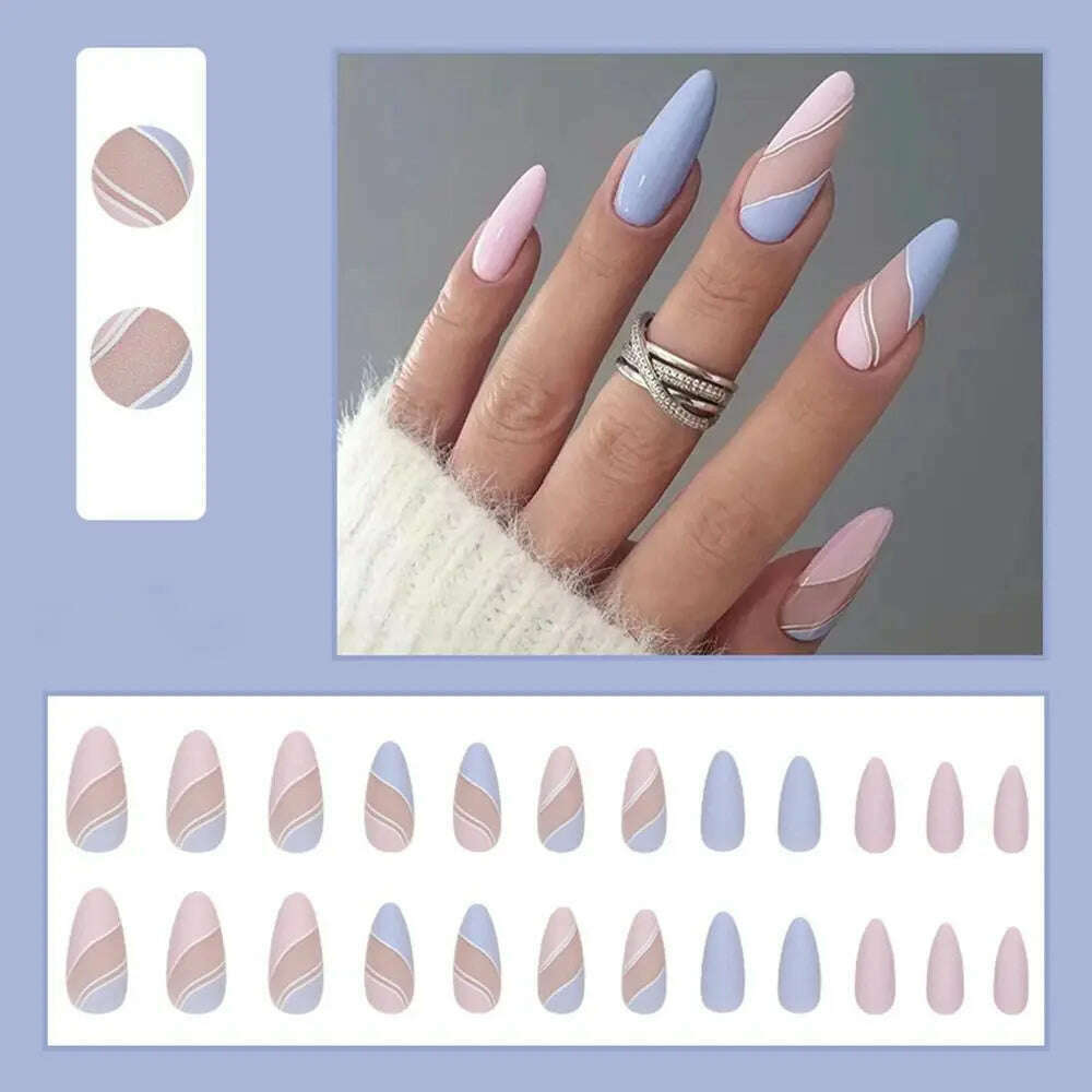 24pcs/Box Ballerina Nail Tip Purple with Design Manicure Patches Fresh Floral Almond False Nails Press on Med Nails Detachable - KIMLUD