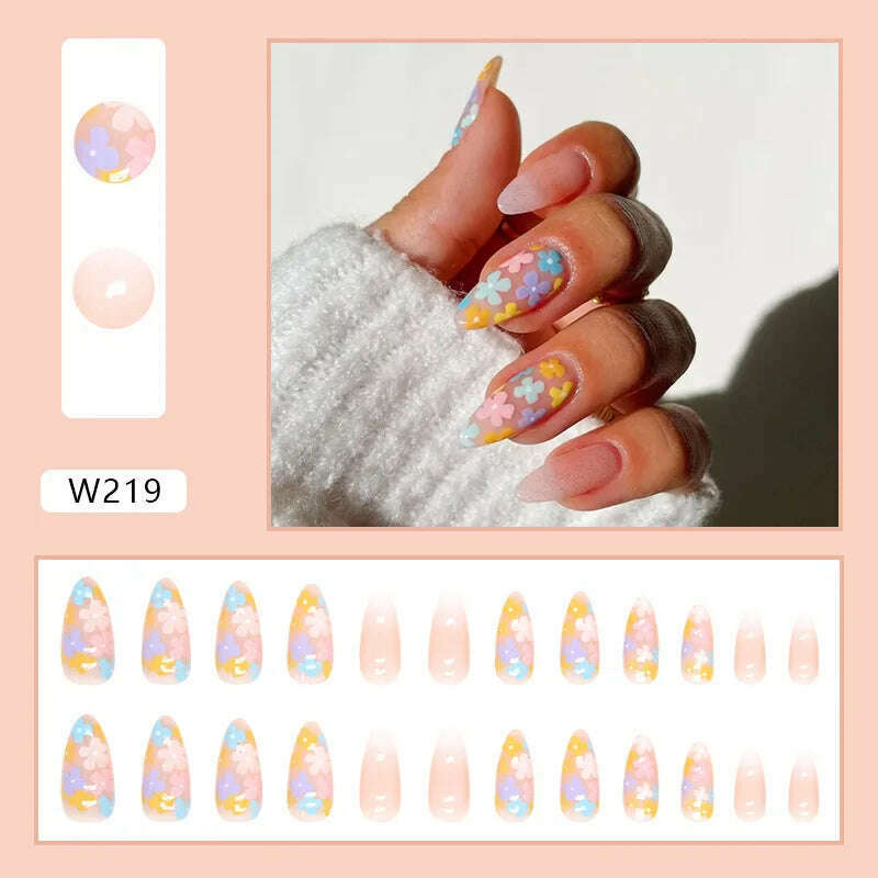 24pcs/Box Ballerina Nail Tip Purple with Design Manicure Patches Fresh Floral Almond False Nails Press on Med Nails Detachable - KIMLUD