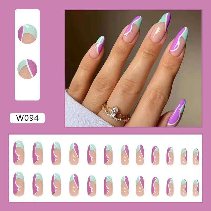 24pcs/Box Ballerina Nail Tip Purple with Design Manicure Patches Fresh Floral Almond False Nails Press on Med Nails Detachable - KIMLUD