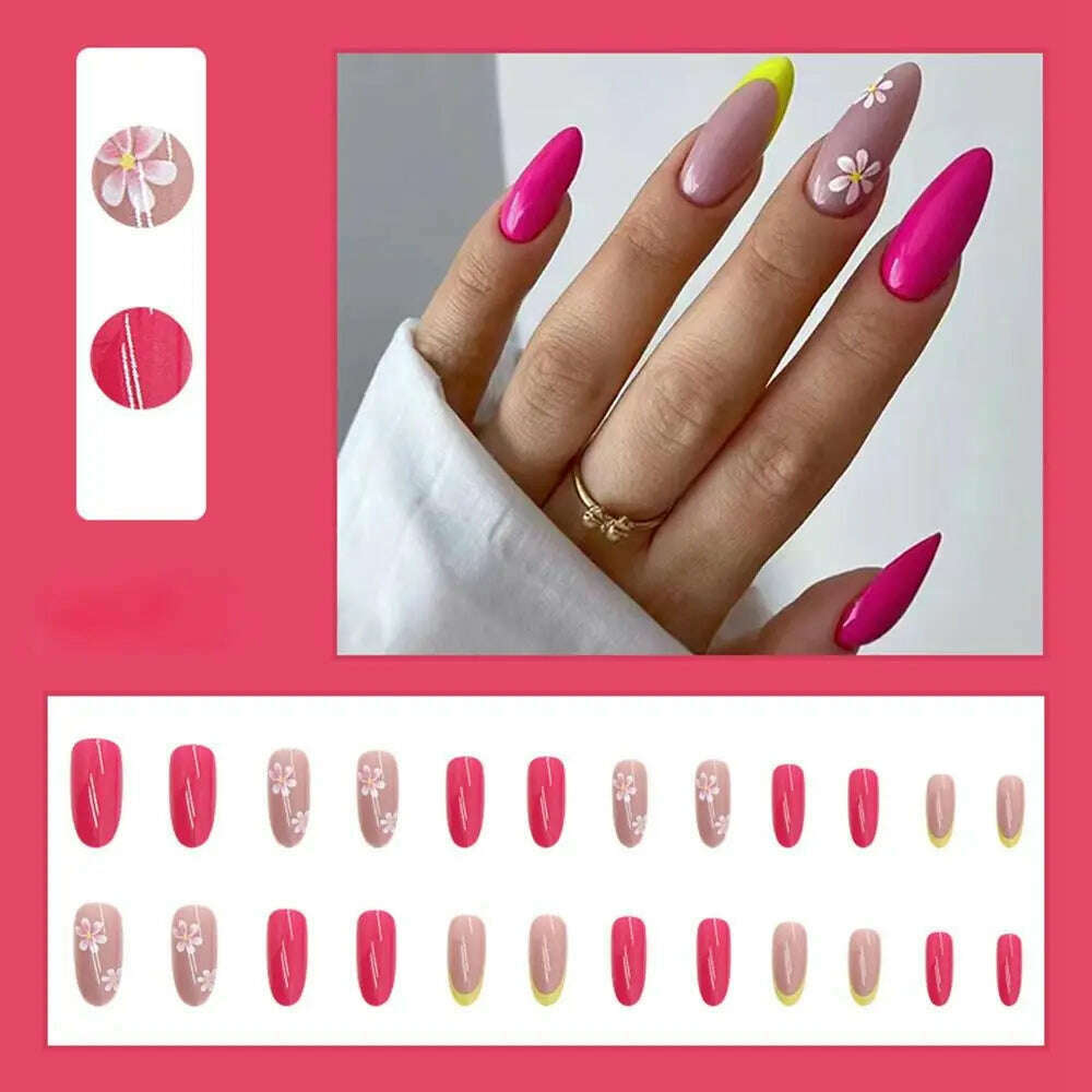 24pcs/Box Ballerina Nail Tip Purple with Design Manicure Patches Fresh Floral Almond False Nails Press on Med Nails Detachable - KIMLUD
