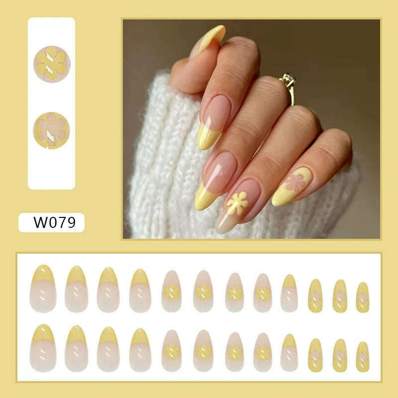 24pcs/Box Ballerina Nail Tip Purple with Design Manicure Patches Fresh Floral Almond False Nails Press on Med Nails Detachable - KIMLUD