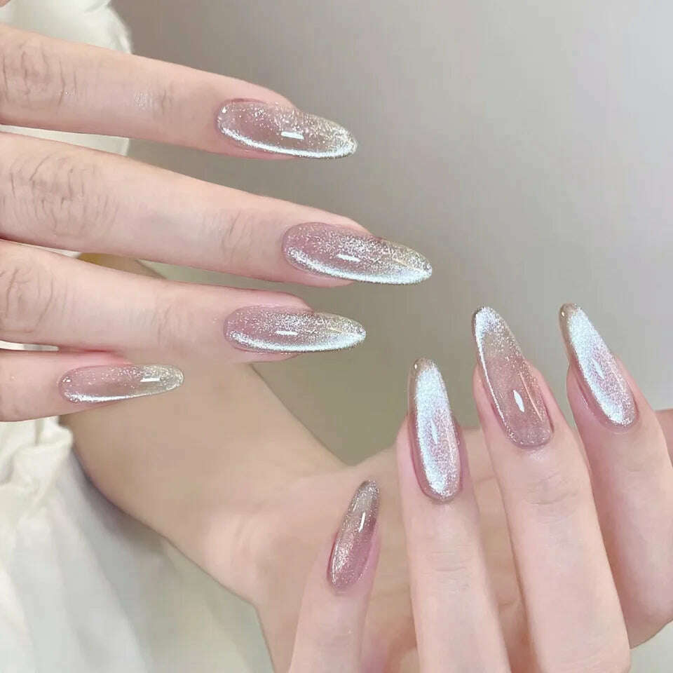 24pcs/box Cat Eye Phototherapy Nail Patch Wearable Fake Nail Short False Nail Wedding For Winter Autumn wearable full cover - KIMLUD