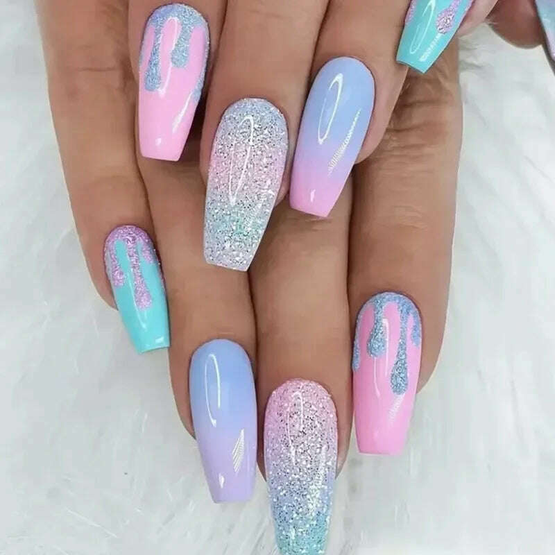 24Pcs/Set Acrylic Long Ballet Press on Nail Tips Coffin Wearing Reusable False Nails Art Colorful Glossy Fake Nails Artificial - KIMLUD