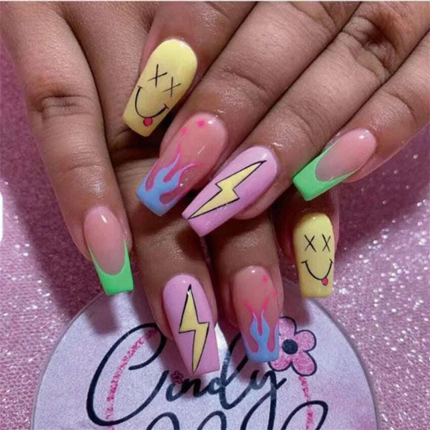 24Pcs/Set Acrylic Long Ballet Press on Nail Tips Coffin Wearing Reusable False Nails Art Colorful Glossy Fake Nails Artificial - KIMLUD