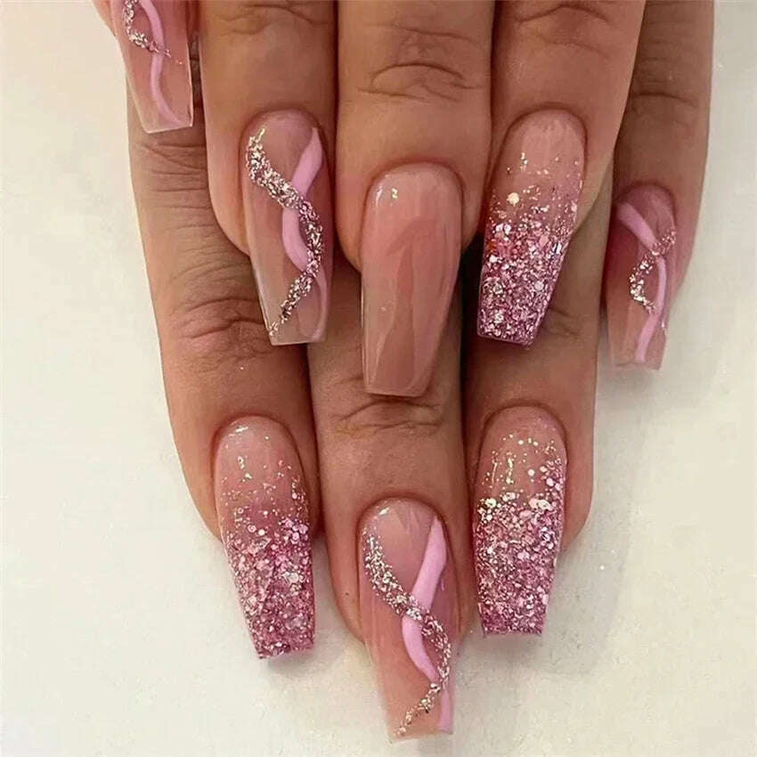 24Pcs/Set Acrylic Long Ballet Press on Nail Tips Coffin Wearing Reusable False Nails Art Colorful Glossy Fake Nails Artificial - KIMLUD