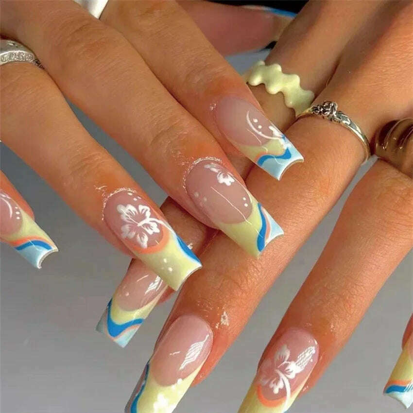 24Pcs/Set Acrylic Long Ballet Press on Nail Tips Coffin Wearing Reusable False Nails Art Colorful Glossy Fake Nails Artificial - KIMLUD