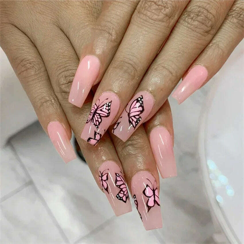 24Pcs/Set Acrylic Long Ballet Press on Nail Tips Coffin Wearing Reusable False Nails Art Colorful Glossy Fake Nails Artificial - KIMLUD