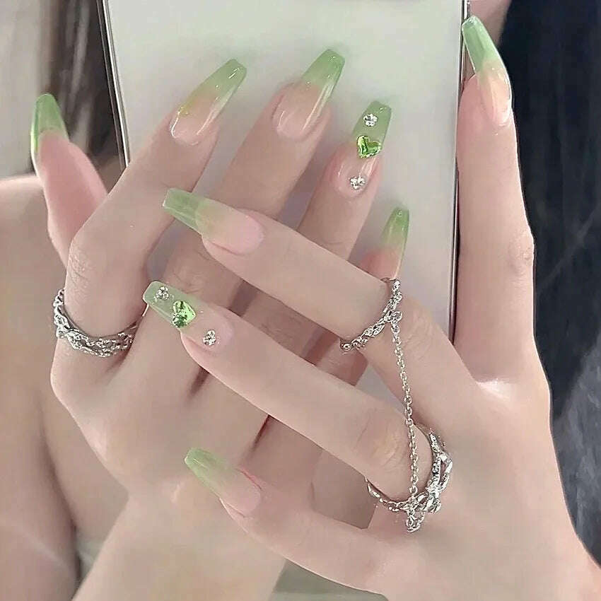 24Pcs/Set Nail Art Fake Nails with Diamonds Pink Silver Glitter Wearing Reusable False Nails Long Ballerina Press on Nail Tips - KIMLUD