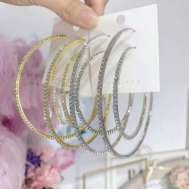 30-80mm Big Hoop Earrings For Women Girls Circle Crystal Rhinestone Earrings Black Gold Silver Color Round Earings Party Gift - KIMLUD