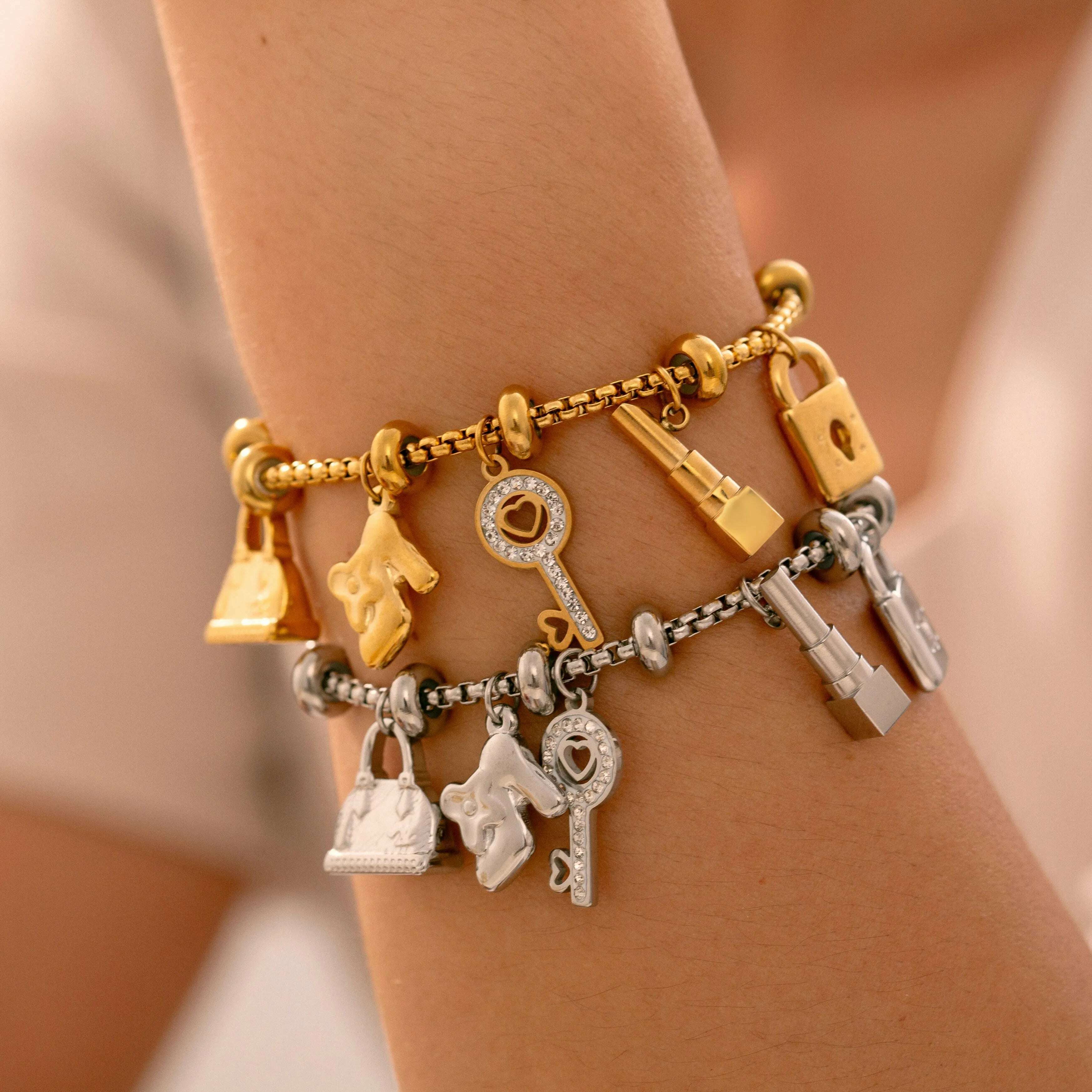 KIMLUD, 316L Stainless Steel Charm Bracelet For Women 18K Gold Plated Waterproof No Tarnish Women's Multiple Different Pendant Bracelets, KIMLUD Womens Clothes