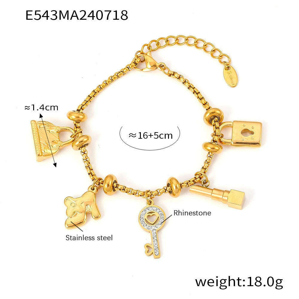 KIMLUD, 316L Stainless Steel Charm Bracelet For Women 18K Gold Plated Waterproof No Tarnish Women's Multiple Different Pendant Bracelets, E543-Gold, KIMLUD APPAREL - Womens Clothes