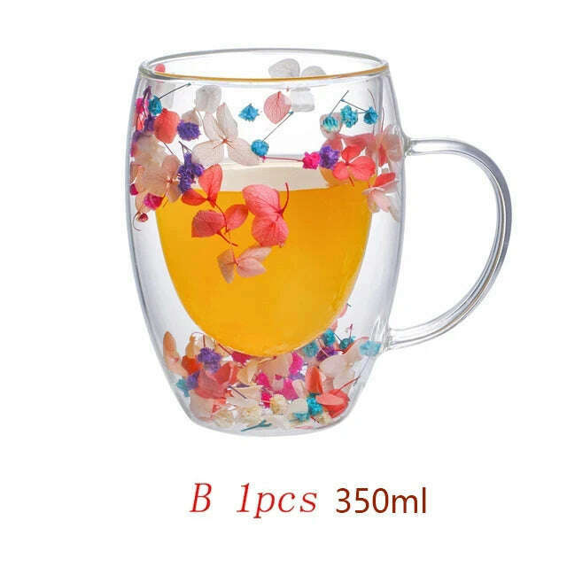KIMLUD, 350ml Double Wall Coffee Mug With Handles Clear Milk Cups Gifts Glass Cup Fill Artificial Simulation Flowers Teacup, B / 350ml, KIMLUD APPAREL - Womens Clothes