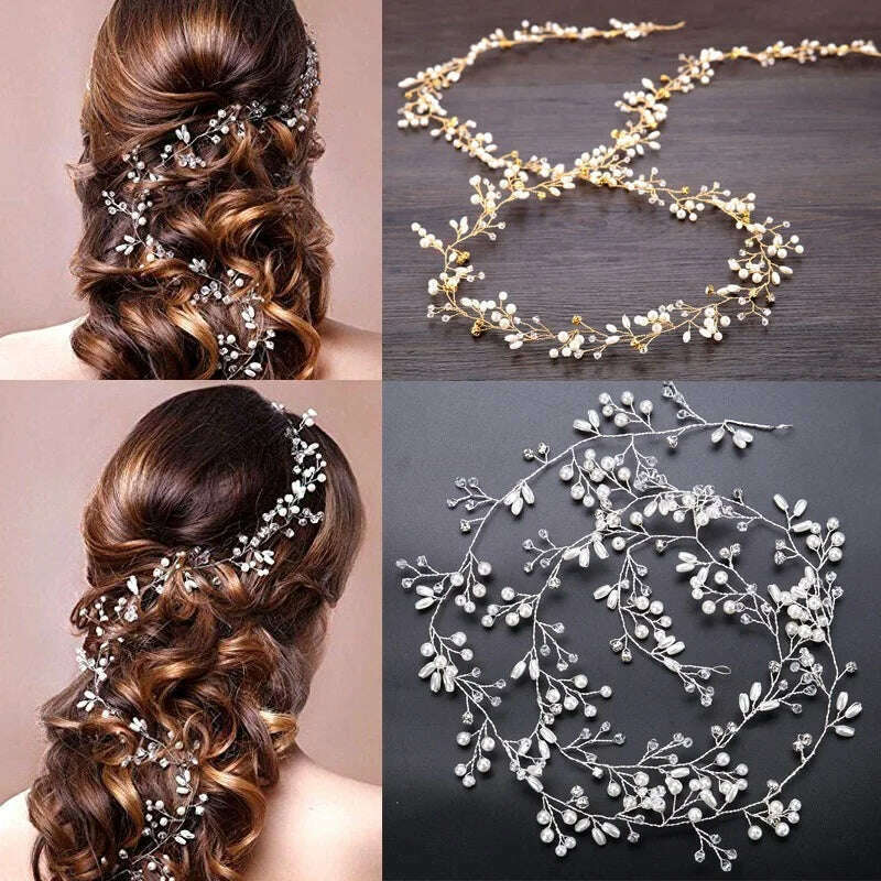 35/50cm Long Bride Handmade Crystal Pearl Hair Band Headdress Wedding Hair Accessories Headband Jewelry Korean Fashion Hairdress - KIMLUD