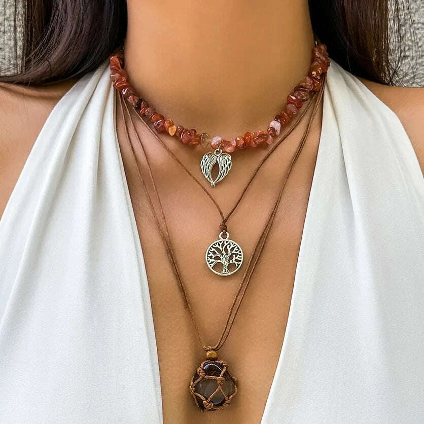 KIMLUD, 3Pcs Creative Stone Holder Cage Tree Dragonfly Pendant Choker Necklace Women Boho Rope Chain Aesthetic Y2K Jewelry Accessorie, KIMLUD Womens Clothes