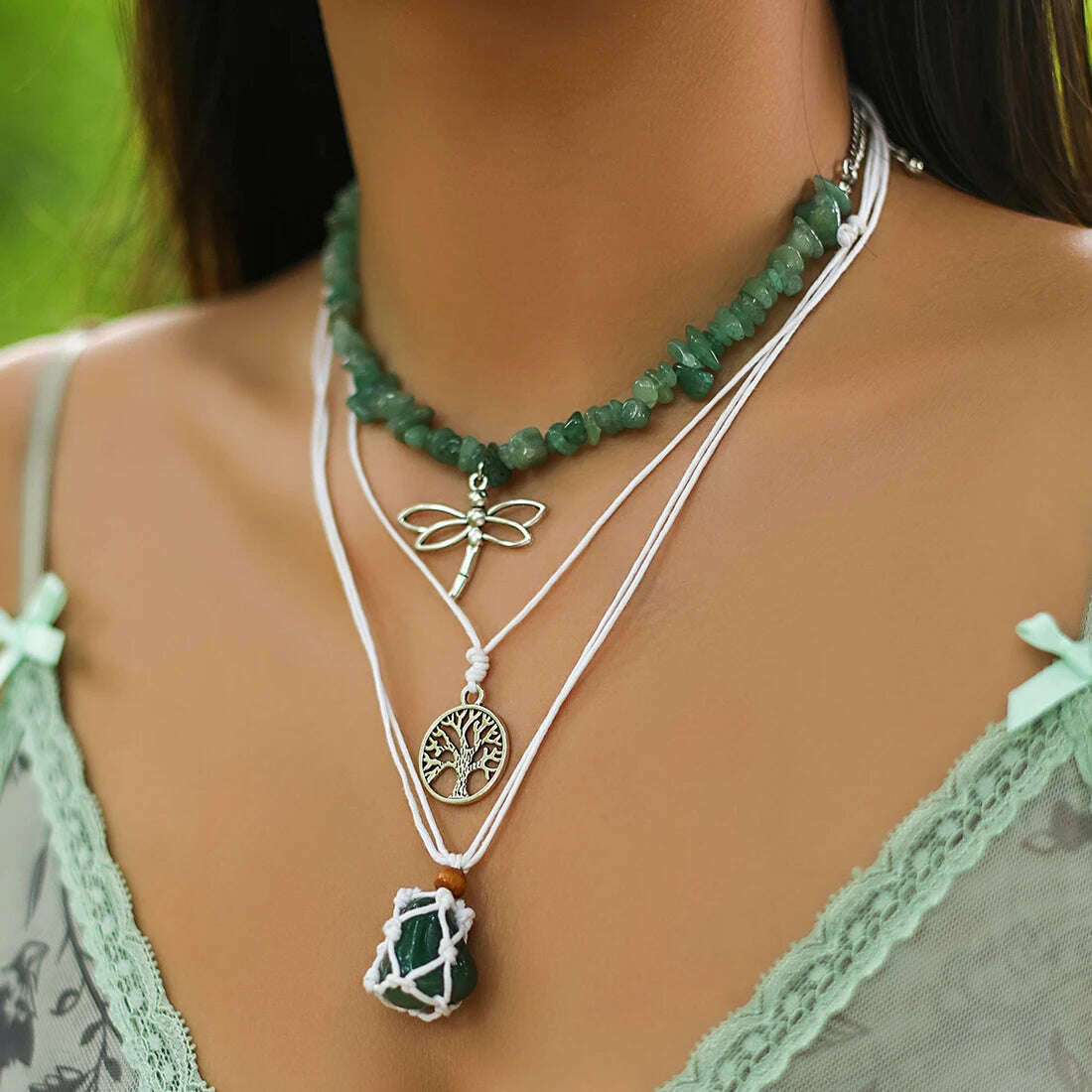 3Pcs Creative Stone Holder Cage Tree Dragonfly Pendant Choker Necklace Women Boho Rope Chain Aesthetic Y2K Jewelry Accessorie - KIMLUD