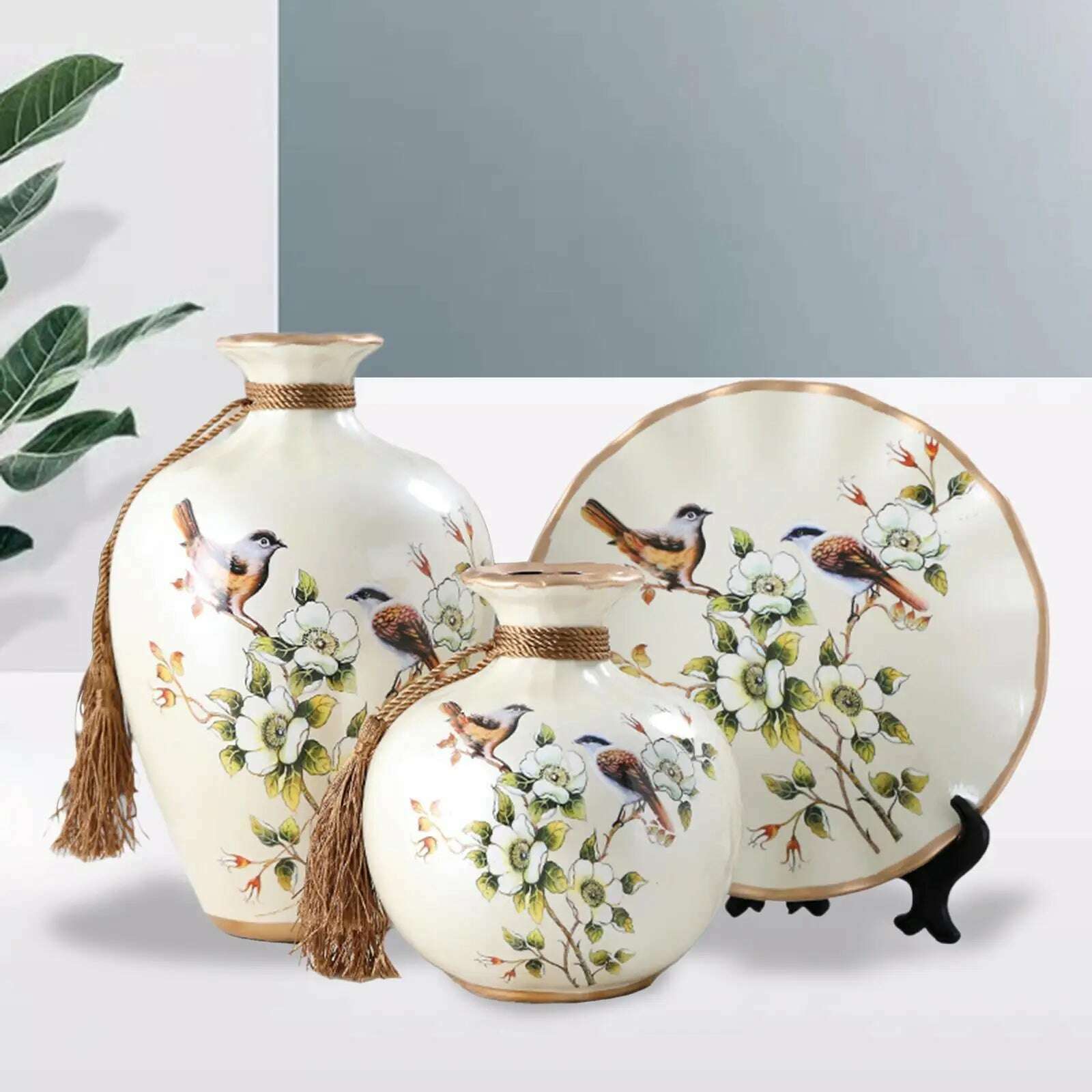 KIMLUD, 3x Chinese Style Ceramic Vases Bird Pattern Porcelain Vase for Farmhouse, Default Title, KIMLUD Womens Clothes