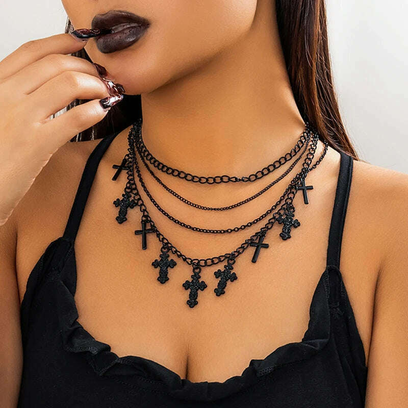 KIMLUD, 4Pcs Goth Black Cross Jesus Tassel Pendant Choker Necklace for Women Punk Metal Clavicle Chain Halloween Jewelry Y2K Accessories, KIMLUD Womens Clothes