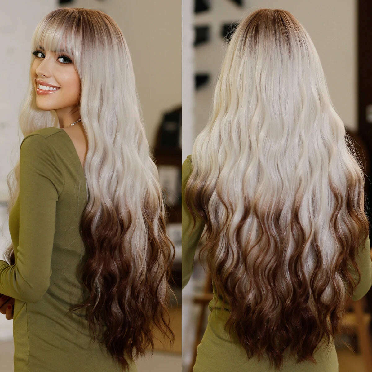 7JHH WIGS Bright Orange Long Wavy Women Wig Natural Synthetic Wigs with Bangs for Black Women Daily Party Cosplay Heat Resistant - KIMLUD