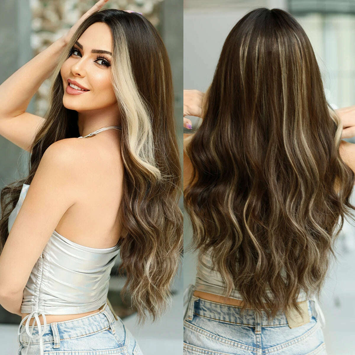 7JHH WIGS Bright Orange Long Wavy Women Wig Natural Synthetic Wigs with Bangs for Black Women Daily Party Cosplay Heat Resistant - KIMLUD