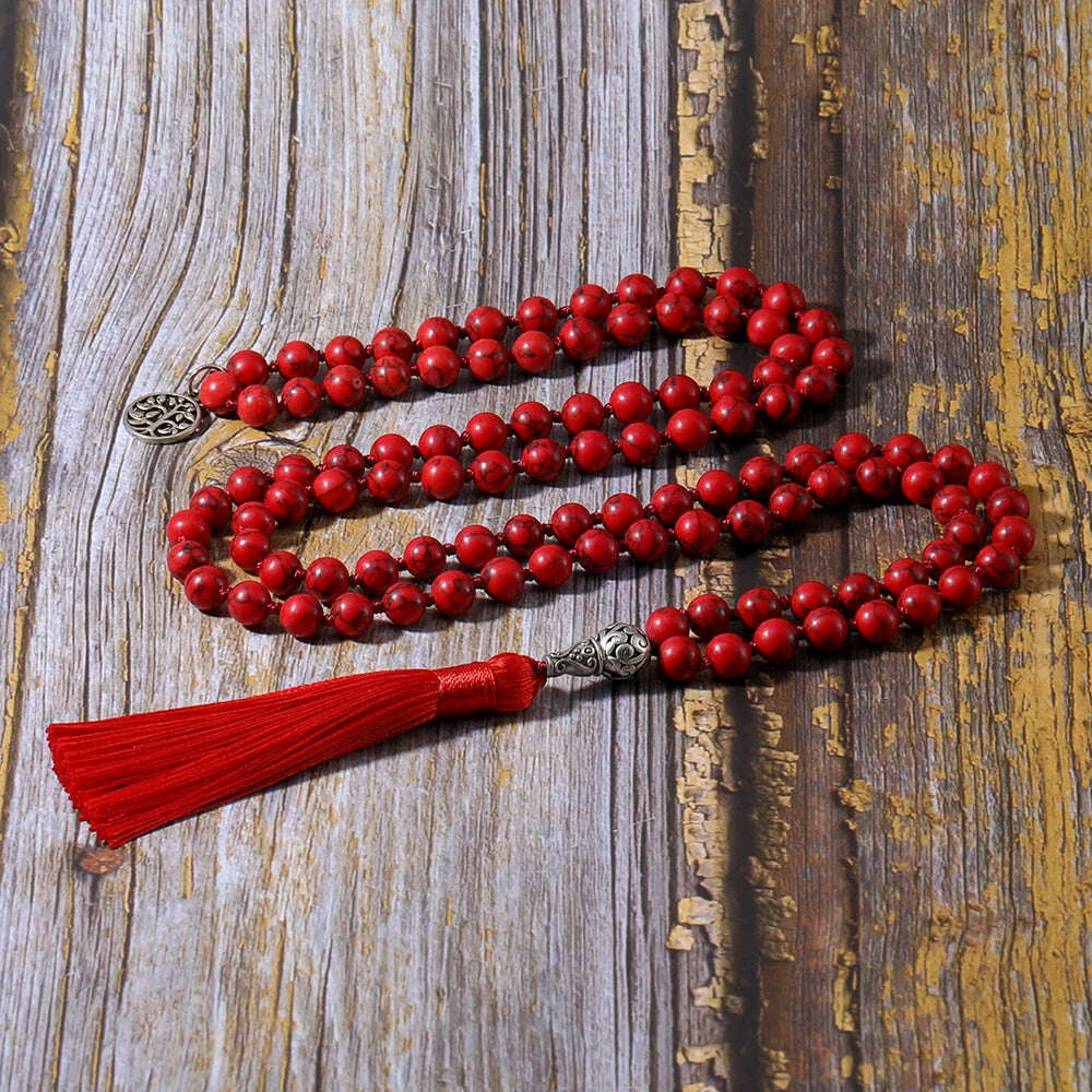 KIMLUD, 8mm Red Turquoise Knotted 108 Mala Beaded Necklace Meditation Yoga Blessing  Jewelry for Men and Women, KIMLUD Womens Clothes