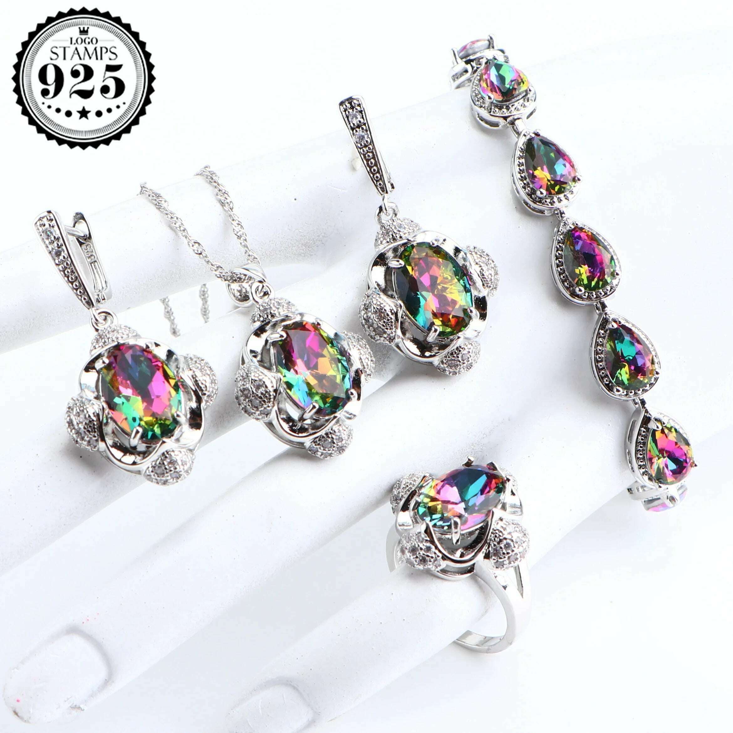 KIMLUD, 925 Silver Bridal Jewelry Sets For Women Magic Rainbow Wedding Jewelry Necklace Pendant Ring Earrings Bracelets Set Gifts Box, 4PCS / 10, KIMLUD APPAREL - Womens Clothes