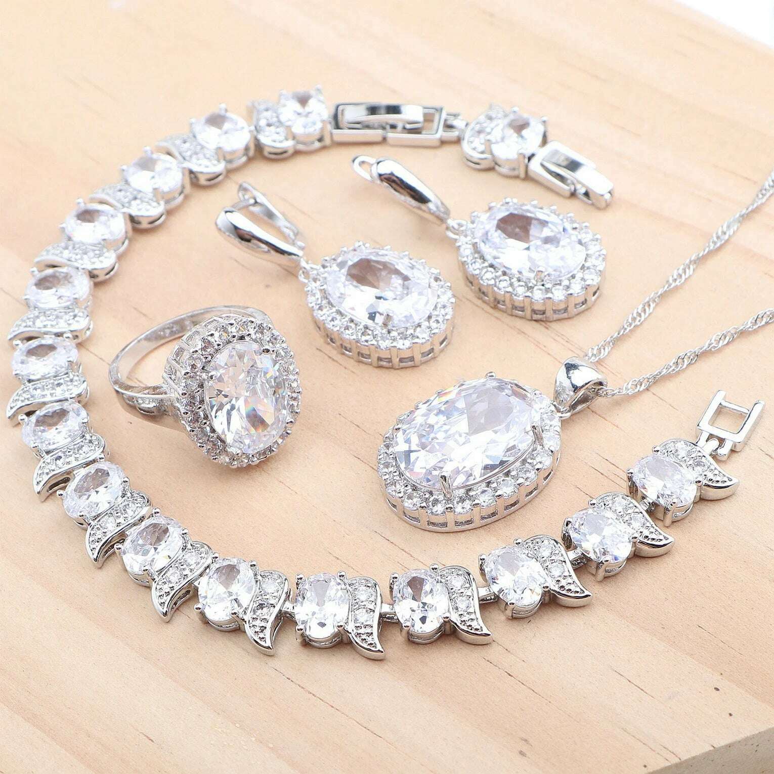 KIMLUD, 925 Silver Jewelry Sets Wedding Purple Zircon Earrings Bracelets For Women Rings Pendant Necklace Set, 4PCS-White / 6, KIMLUD APPAREL - Womens Clothes