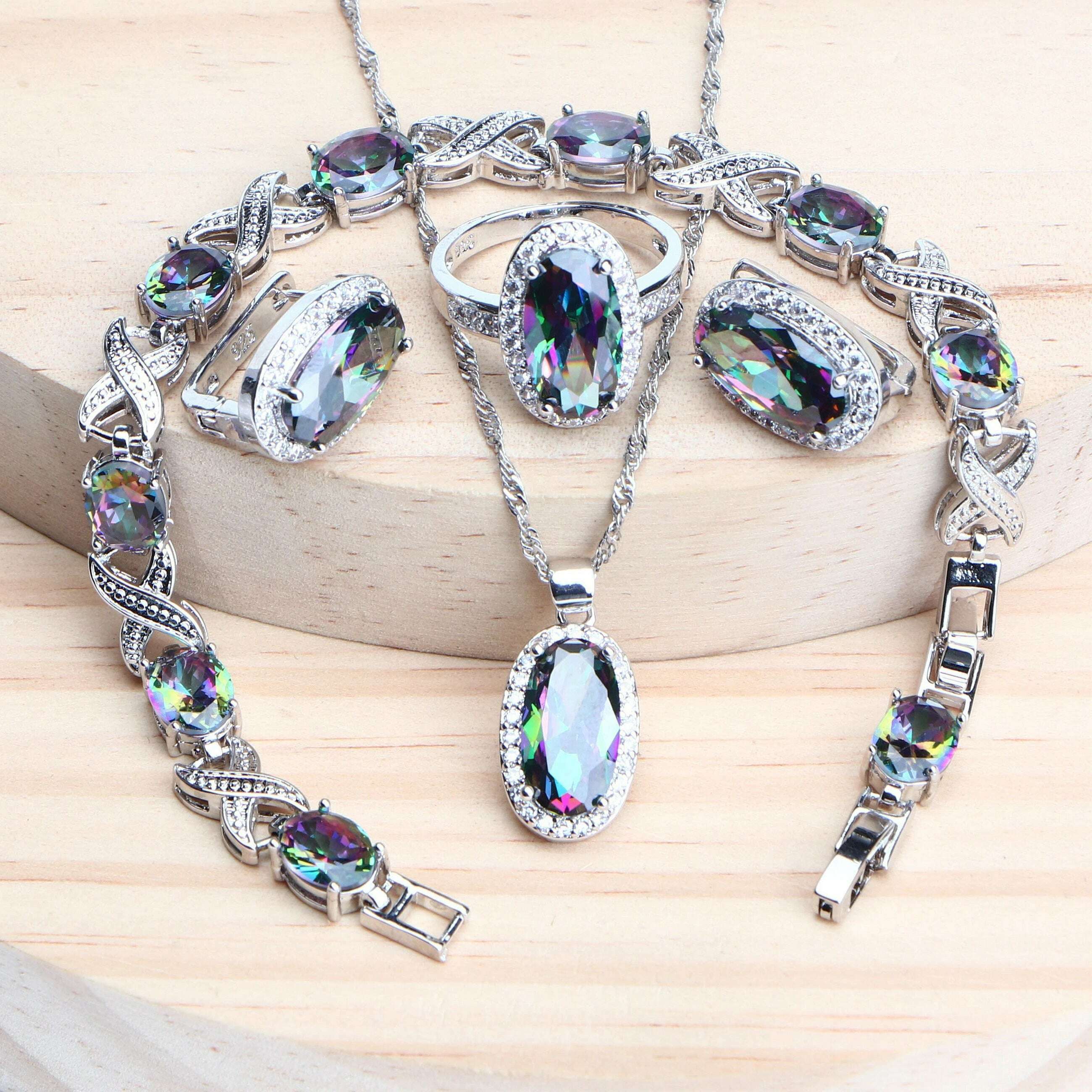 KIMLUD, 925 Silver Magic Rainbow CZ Jewelry Sets Women Bracelets Rings Natural Silver Earrings Wedding Jewelry Pendants Necklace Set, KIMLUD Womens Clothes