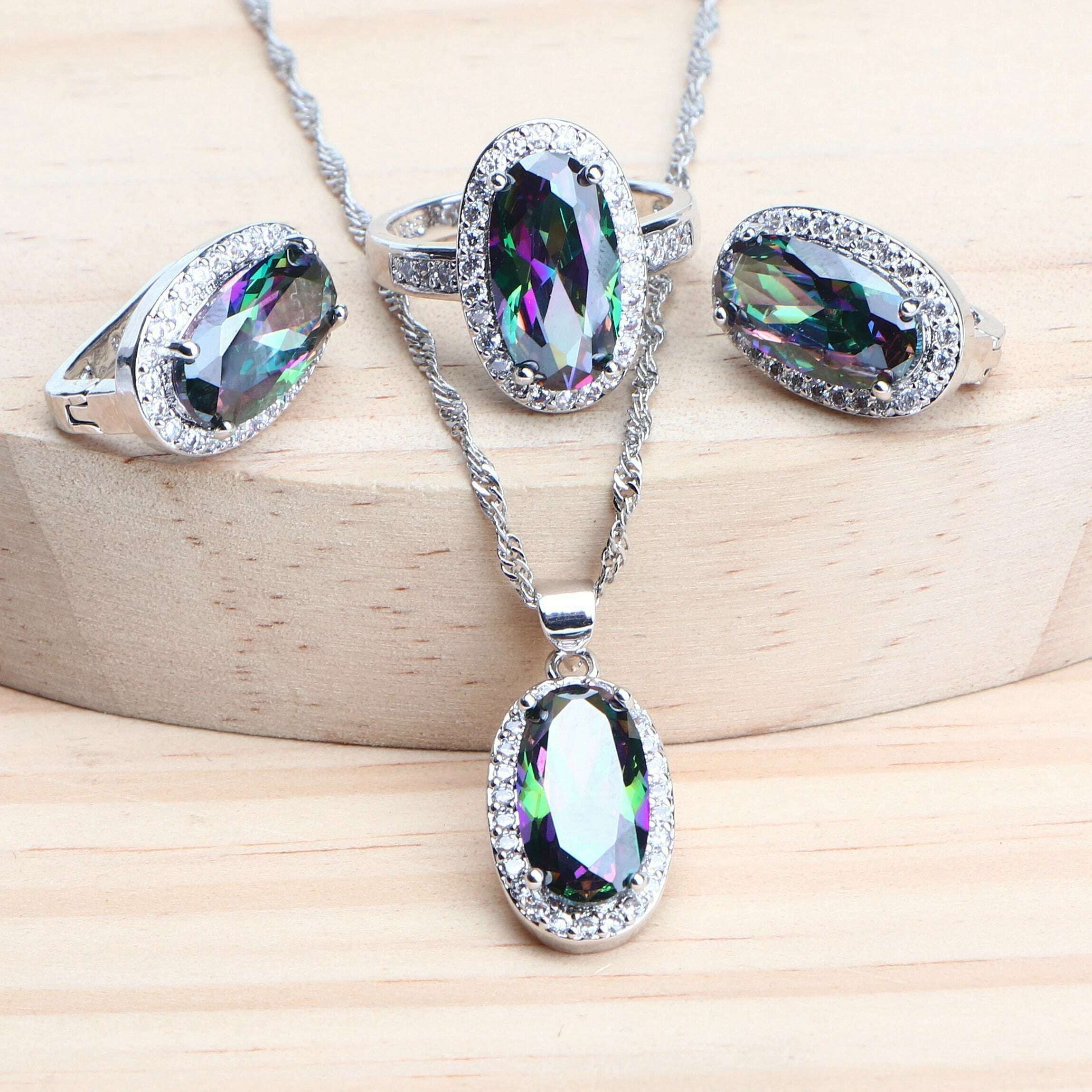 KIMLUD, 925 Silver Magic Rainbow CZ Jewelry Sets Women Bracelets Rings Natural Silver Earrings Wedding Jewelry Pendants Necklace Set, KIMLUD Womens Clothes