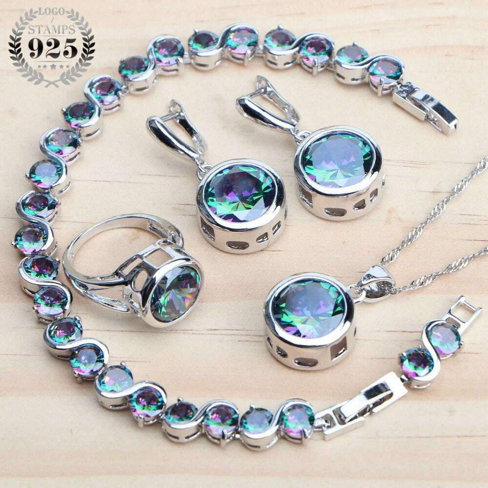 KIMLUD, 925 Sterling Silver Jewelry Sets Bridal Women Natural Magic Rainbow Zircon Earrings Ring Bracelets Pendant Wedding Necklace Set, KIMLUD Womens Clothes