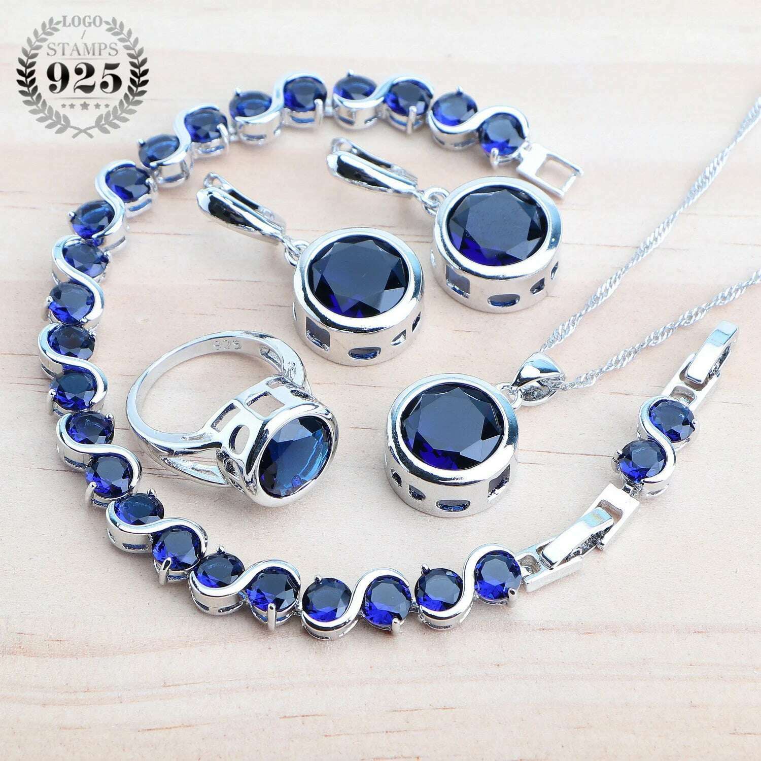 KIMLUD, 925 Sterling Silver Jewelry Sets Bridal Women Natural Magic Rainbow Zircon Earrings Ring Bracelets Pendant Wedding Necklace Set, 4PCS-Blue / 6, KIMLUD APPAREL - Womens Clothes