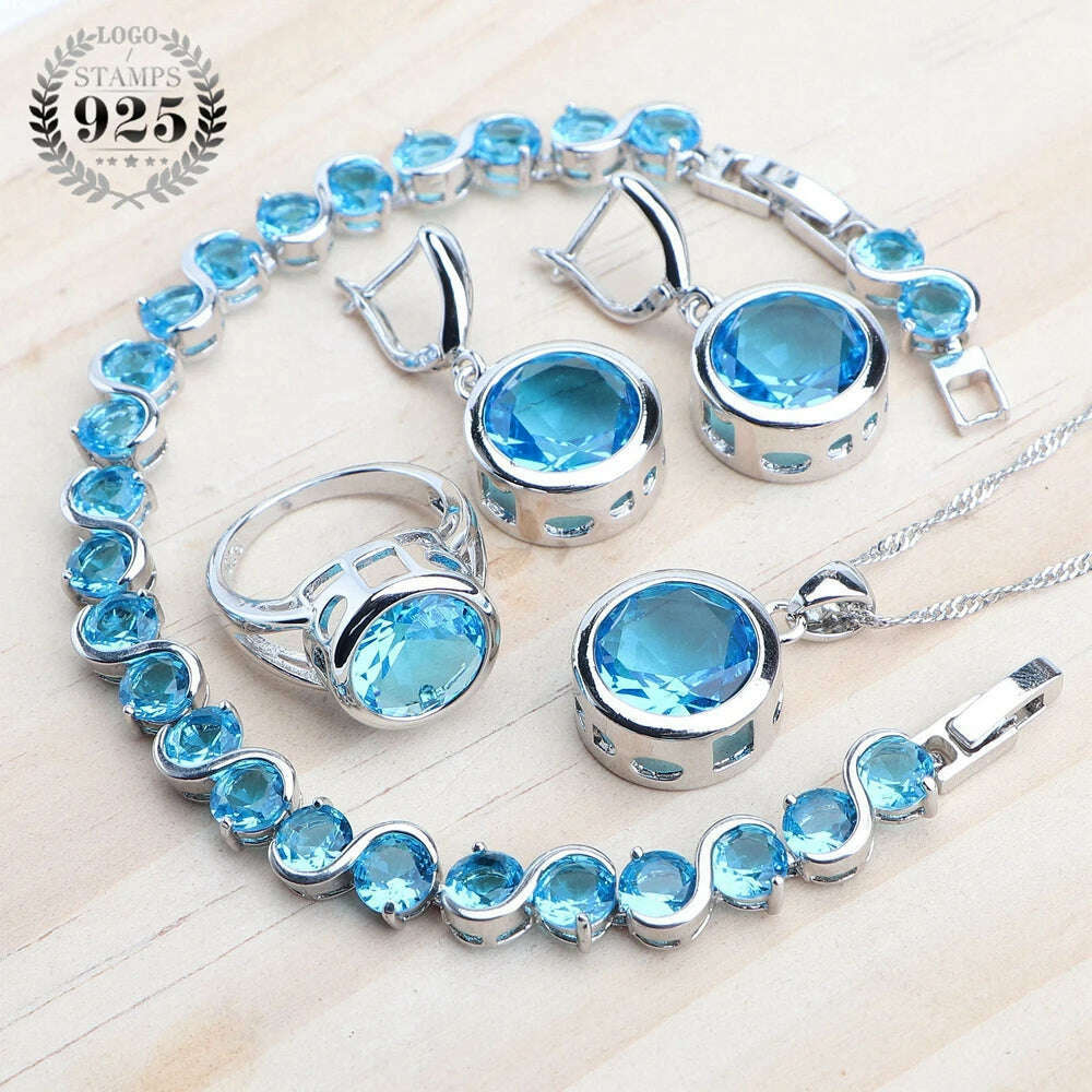 KIMLUD, 925 Sterling Silver Jewelry Sets Bridal Women Natural Magic Rainbow Zircon Earrings Ring Bracelets Pendant Wedding Necklace Set, 4PCS-Sky Blue / 6, KIMLUD APPAREL - Womens Clothes