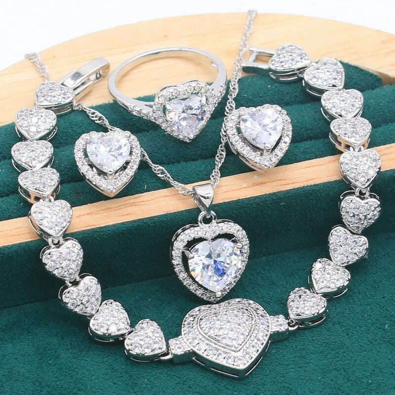 KIMLUD, 925 Sterling Silver Jewelry Sets For Women Wedding White Zircon Bracelet Pierced Earrings Necklace pendant Ring Free Gift Box, KIMLUD Womens Clothes