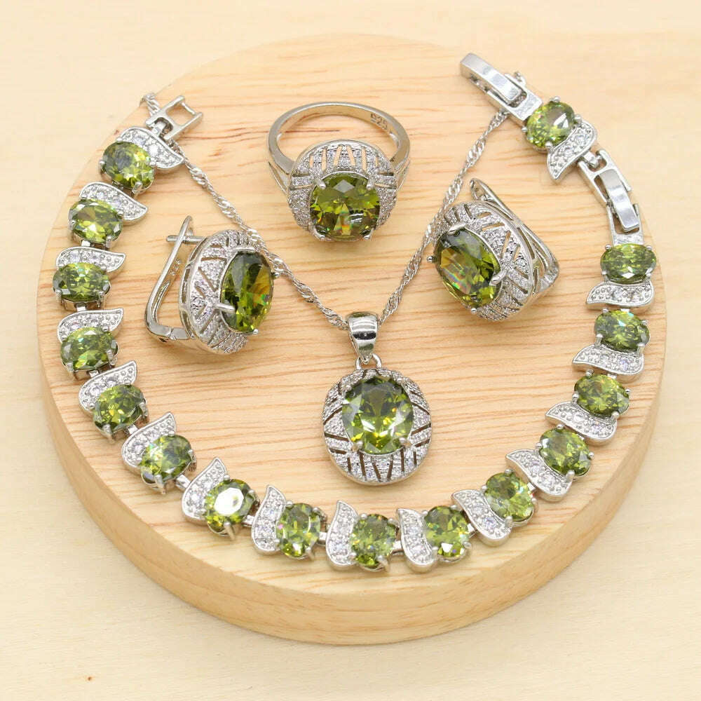 KIMLUD, 925 Sterling Silver Luxury Popular Olive Green Stones Cubic Zirconia Jewelry Sets For Women Earrings Pendant Necklace Bracelet, KIMLUD Womens Clothes