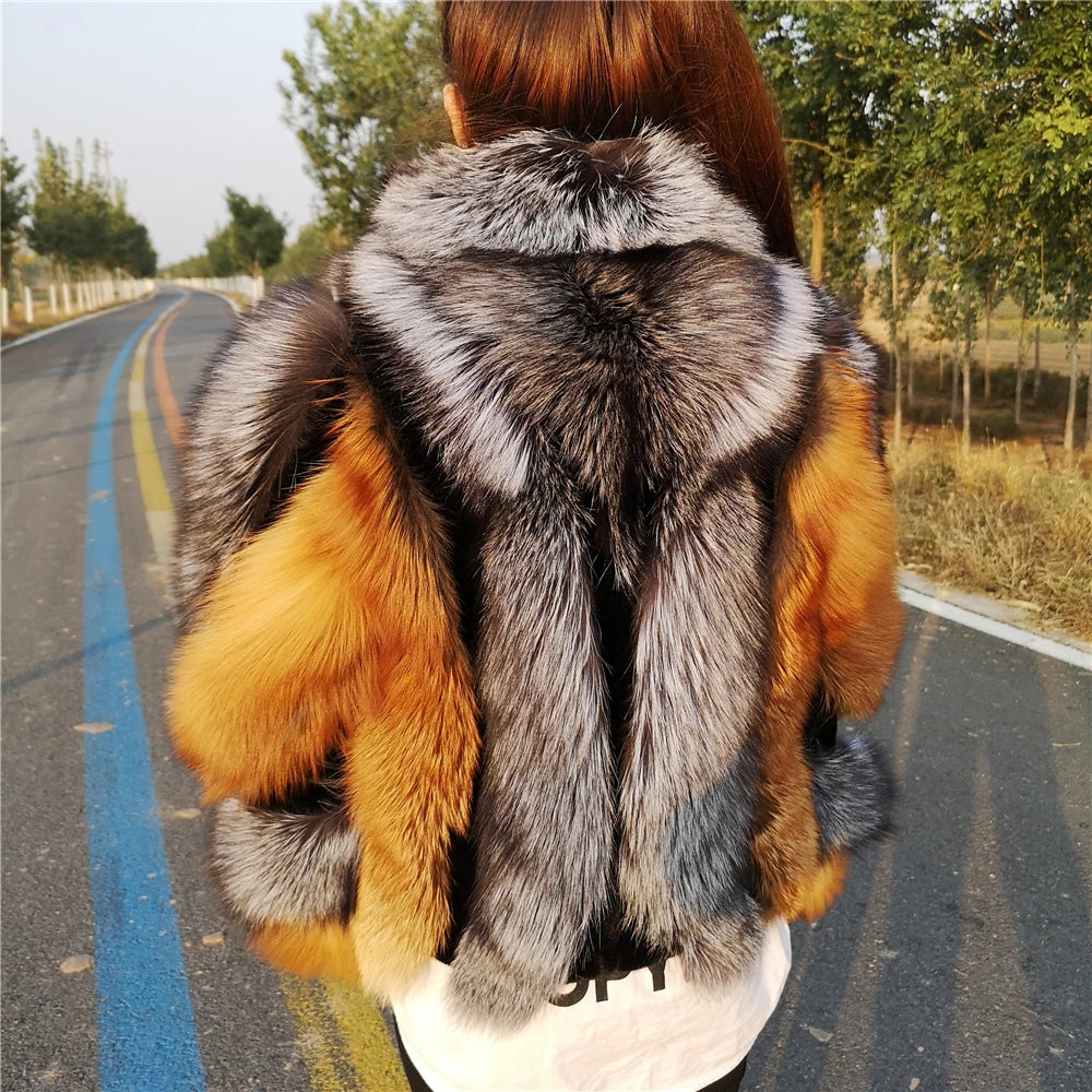 Real Fox Fur Jacket Women Luxury Genuine Silver Fox Short Coat Full Sleeves Winter Natural Plush Red Fox Fur Coat Female - KIMLUD